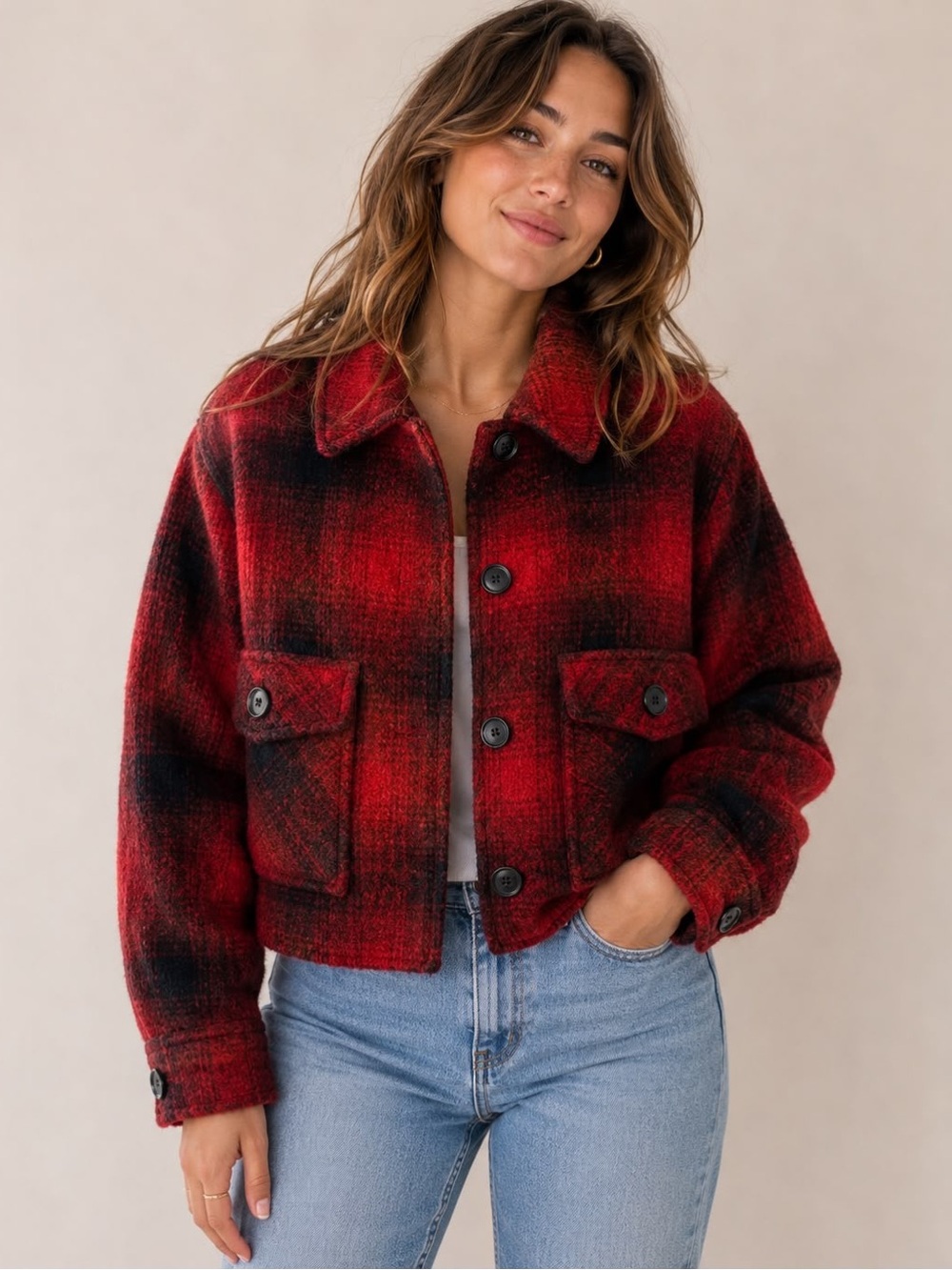 Banana Republic Red Plaid Cropped Jacket